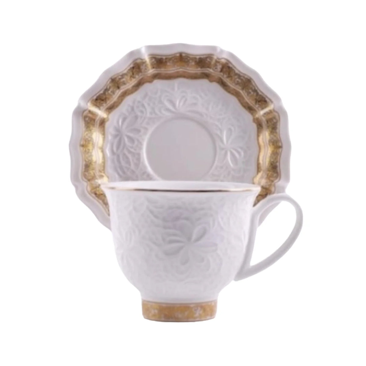 Set 2 cesti pentru cafea sau ceai, Malooki Luxury,model in relief, margine aurie
