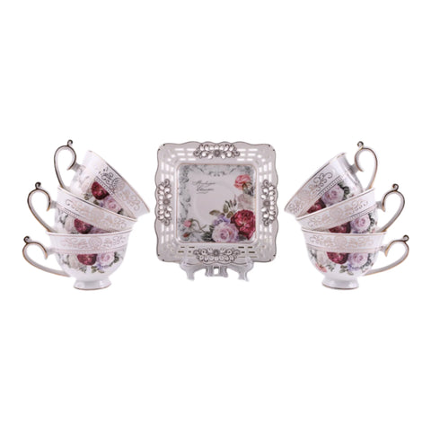 Serviciu pentru desert de 20 de piese , pentru 6 persoane, set pentru tort si set de cesti pentru ceai sau cafea, Malooki, model dantelat