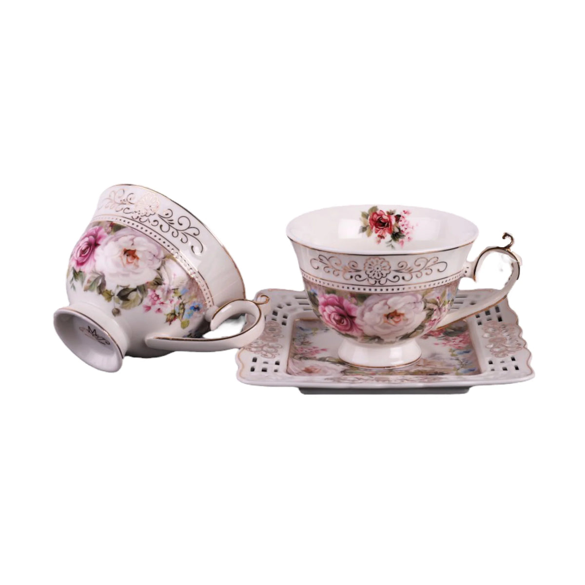 Set 2 cesti cu 2 farfurioare MALOOKI, imprimeuri florale, 190 ml, 7505-2