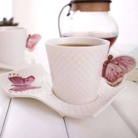 Set 6 cesti Cafea sau Ceai cu farfurioare, fluture roz