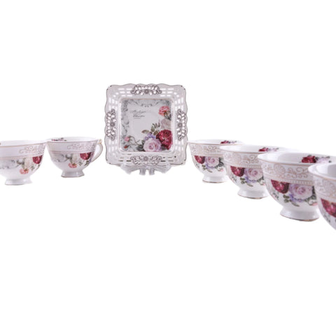 Serviciu pentru desert de 20 de piese , pentru 6 persoane, set pentru tort si set de cesti pentru ceai sau cafea, Malooki, model dantelat