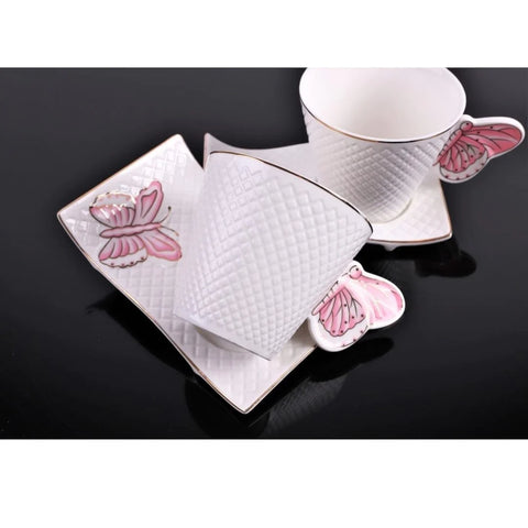 Set 2 cesti Cafea sau Ceai cu farfurioare, fluture roz