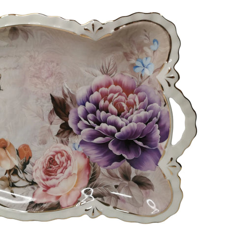 Platou din portelan, Malooki Luxury Collection ,margine ondulata,imprimeuri florale, Peonies G