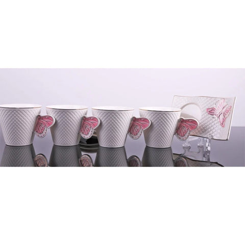 Set 6 cesti Cafea sau Ceai cu farfurioare, fluture roz