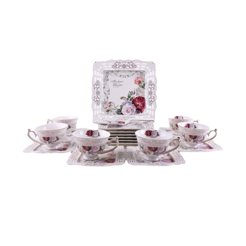 Serviciu pentru desert de 20 de piese , pentru 6 persoane, set pentru tort si set de cesti pentru ceai sau cafea, Malooki, model dantelat