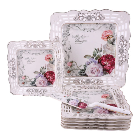 Serviciu pentru desert de 20 de piese , pentru 6 persoane, set pentru tort si set de cesti pentru ceai sau cafea, Malooki, model dantelat