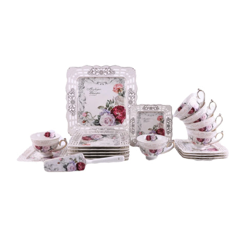 Serviciu pentru desert de 20 de piese , pentru 6 persoane, set pentru tort si set de cesti pentru ceai sau cafea, Malooki, model dantelat