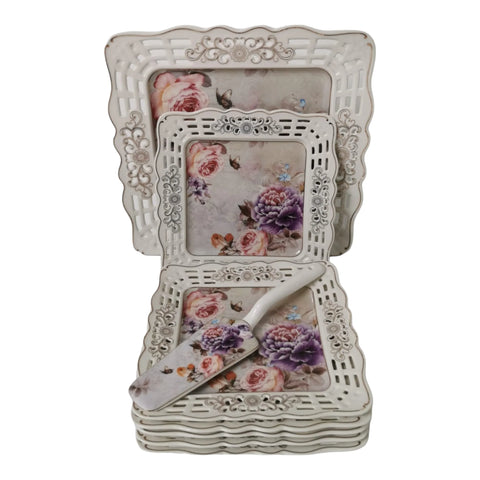 Serviciu pentru desert de 20 de piese, pentru 6 persoane, set pentru tort si set de cesti pentru ceai sau cafea, Malooki ,Peonies G