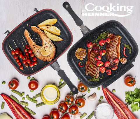 Tigaie antiaderenta dubla Grill aluminiu turnat Heinner, 32x24x7,5 cm, Dark Line, Cooking by Heinner