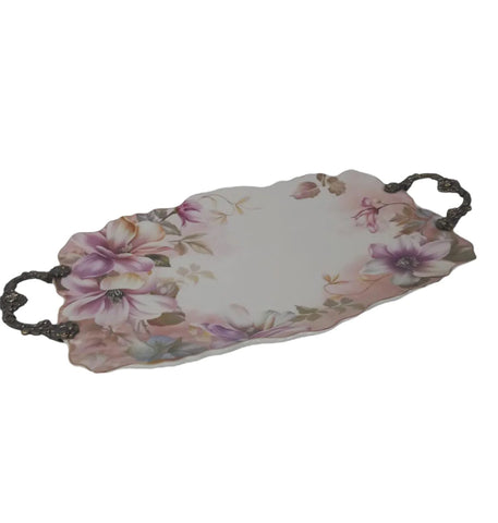 Platou din portelan, Malooki, cu manere metalice 42 x 27 cm, Pink flowers
