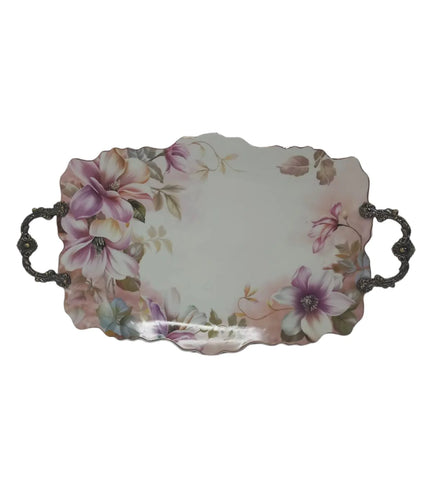 Platou din portelan, Malooki, cu manere metalice 42 x 27 cm, Pink flowers