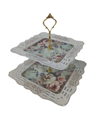 Platou etajat 2 nivele, patrat, model floral A3