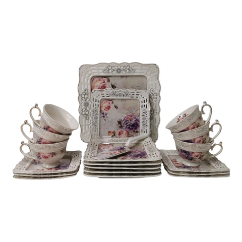 Serviciu pentru desert de 20 de piese, pentru 6 persoane, set pentru tort si set de cesti pentru ceai sau cafea, Malooki ,Peonies G