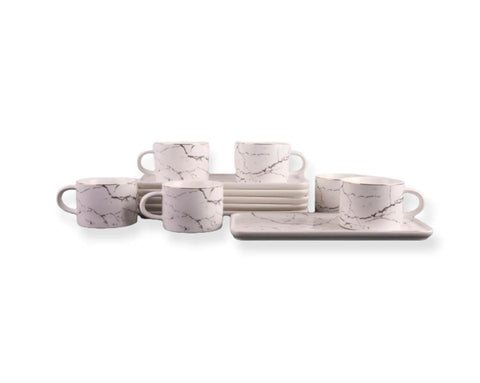 Set 6 cesti cafea sau ceai cu farfurioare, ceramica fina, model marmura alba Malooki