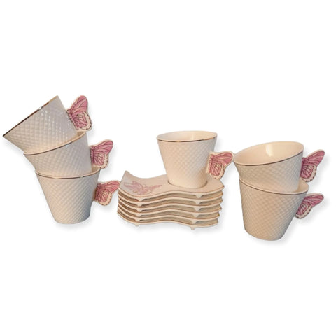 Set 6 cesti Cafea sau Ceai cu farfurioare, fluture roz