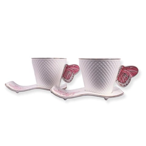 Set 2 cesti Cafea sau Ceai cu farfurioare, fluture roz