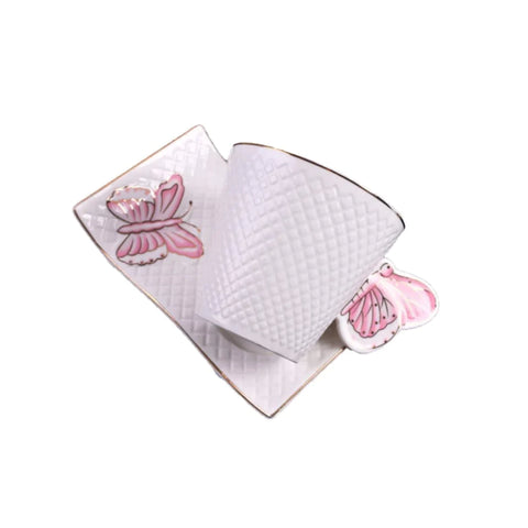 Set 2 cesti Cafea sau Ceai cu farfurioare, fluture roz