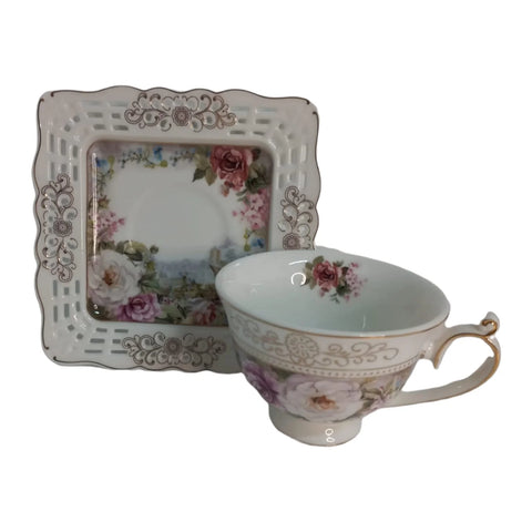 Set 2 cesti cu 2 farfurioare MALOOKI, imprimeuri florale, 190 ml, 7505-2