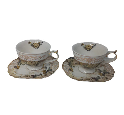 Set de 2 cesti cu 2 farfurioare MALOOKI, imprimeuri florale, 190 ml A1