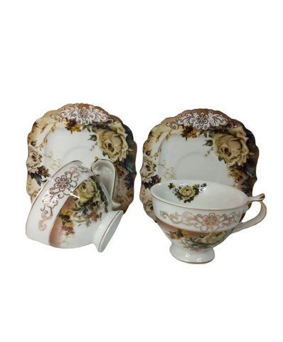 Set de 2 cesti cu 2 farfurioare MALOOKI, imprimeuri florale, 190 ml A1