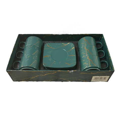 Set de 6 cesti ,150 ml cu 6 farfurii verzi cu insertii aurii, Malooki