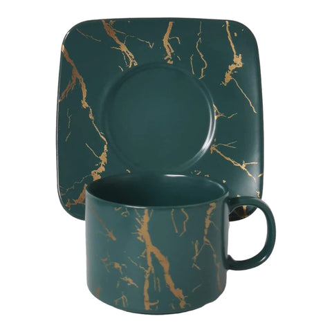 Set de 6 cesti ,150 ml cu 6 farfurii verzi cu insertii aurii, Malooki