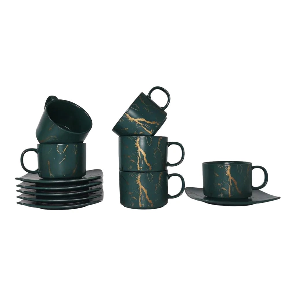 Set de 6 cesti ,150 ml cu 6 farfurii verzi cu insertii aurii, Malooki