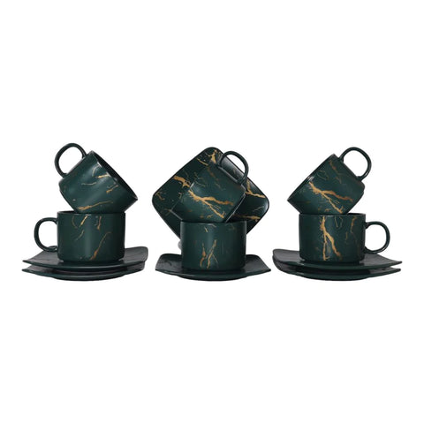 Set de 6 cesti ,150 ml cu 6 farfurii verzi cu insertii aurii, Malooki