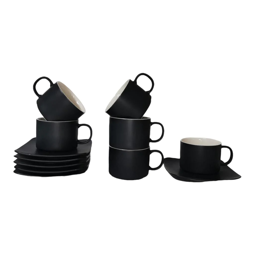 Set de 6 cesti cu 6 farfurii, 150 ml, Malooki Luxury, negru mat