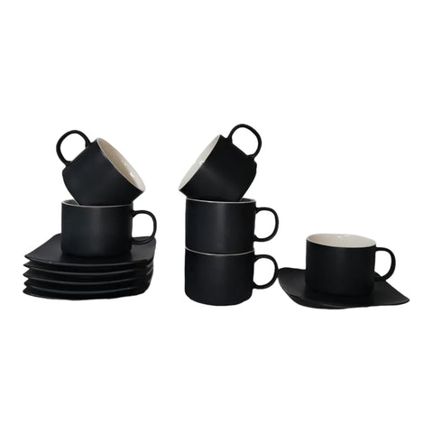 Set de 6 cesti cu 6 farfurii, 150 ml, Malooki Luxury, negru mat
