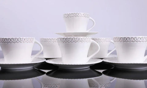 Set 6 cesti cu 6 farfurioare pentru cafea, 130 ml, model inimioare, Malooki