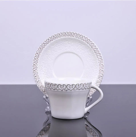 Set 6 cesti cu 6 farfurioare pentru cafea, 130 ml, model inimioare, Malooki