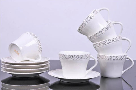Set 6 cesti cu 6 farfurioare pentru cafea, 130 ml, model inimioare, Malooki