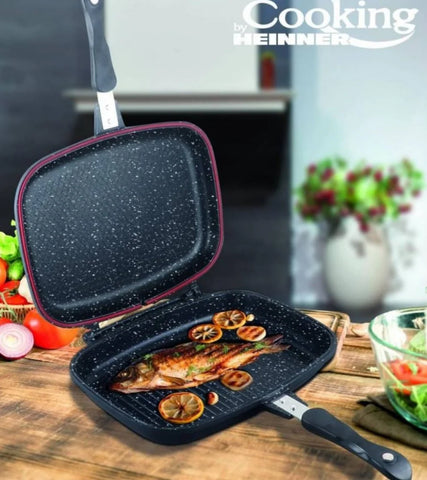 Tigaie antiaderenta dubla Grill aluminiu turnat Heinner, 32x24x7,5 cm, Dark Line, Cooking by Heinner