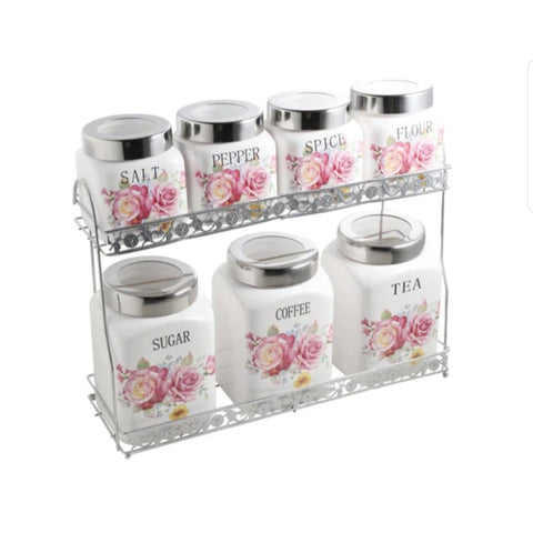 Set de 7 recipiente pentru condimente din ceramica si suport etajat din metal