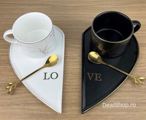 Set 2 cesti cafea alb/negru, ceramica fina 200ml, 2in1 cu farfurie in forma de inimă